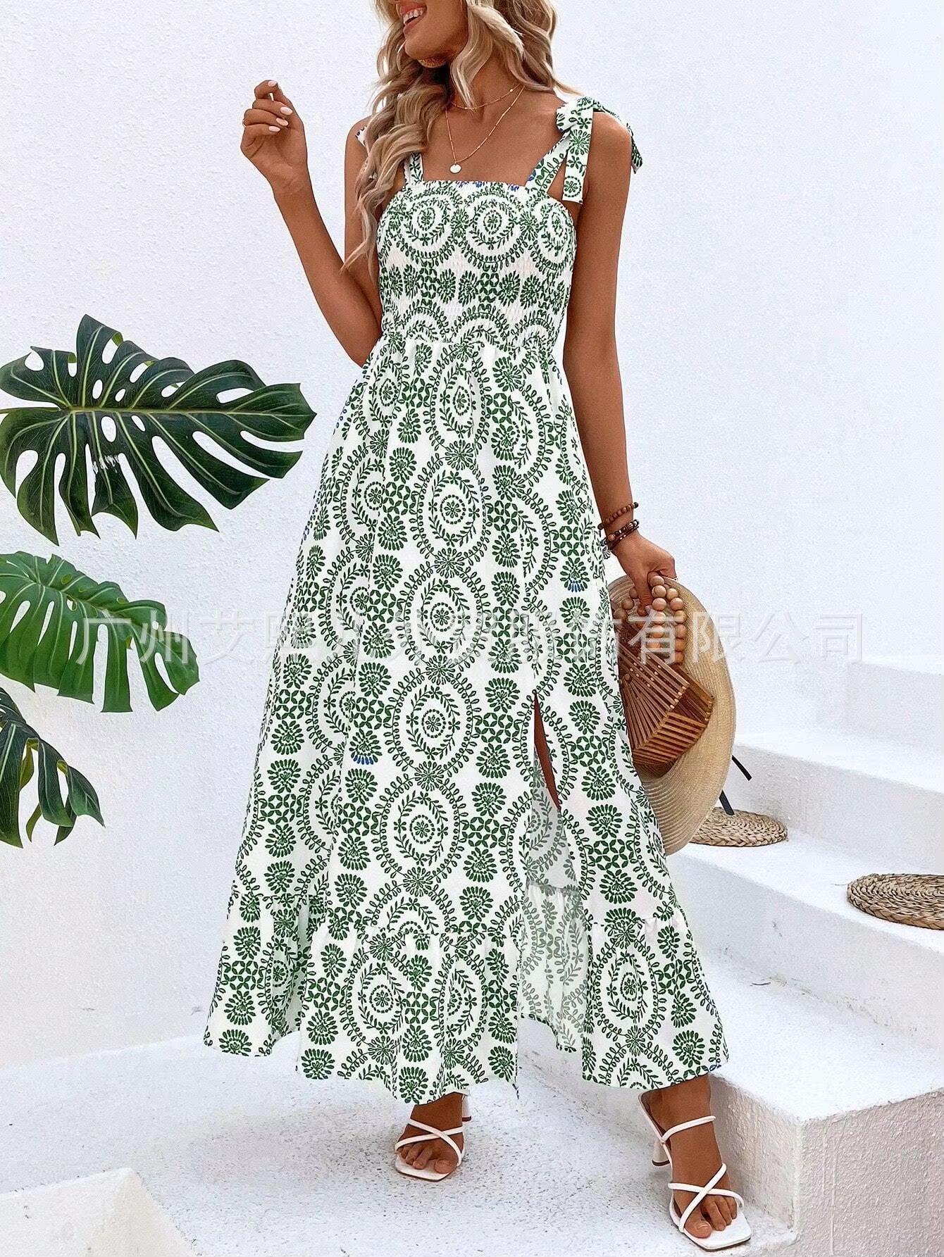 Summer Fashion Sling Maxi Dress Loose Elegant Ruffle A-Line Dress Casual Floral Printed Women Backless Beach Dresses Midi Dress