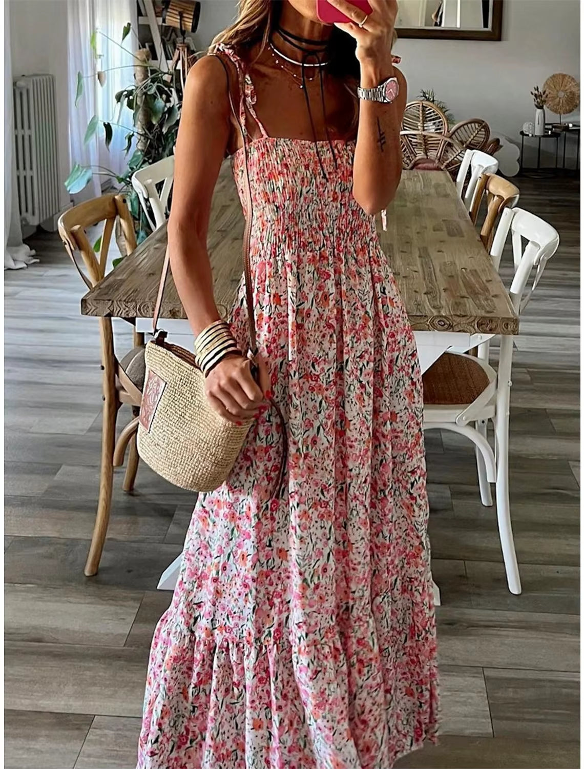 Summer Fashion Sling Maxi Dress Loose Elegant Ruffle A-Line Dress Casual Floral Printed Women Backless Beach Dresses Midi Dress