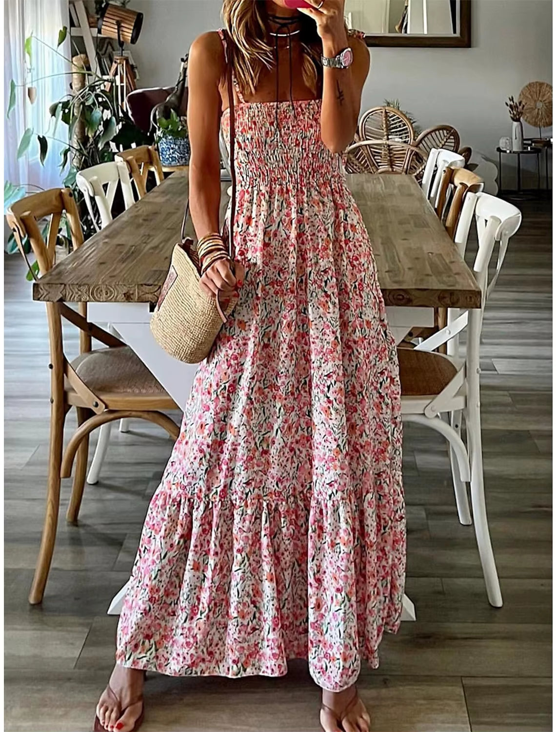 Summer Fashion Sling Maxi Dress Loose Elegant Ruffle A-Line Dress Casual Floral Printed Women Backless Beach Dresses Midi Dress